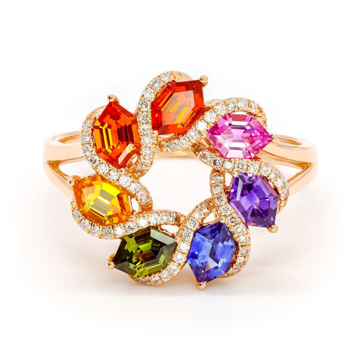 Prsten z růžového zlata s barevnými safíry a diamanty TP42250